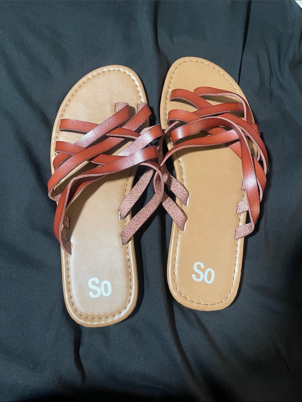 SO Women's Tan Footbed with Rust Braided Strappy Slide Sandals